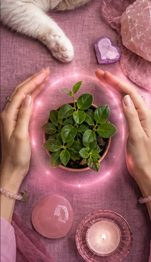 Manos rodeando una planta durante una sesión de Reiki en tonos rosa