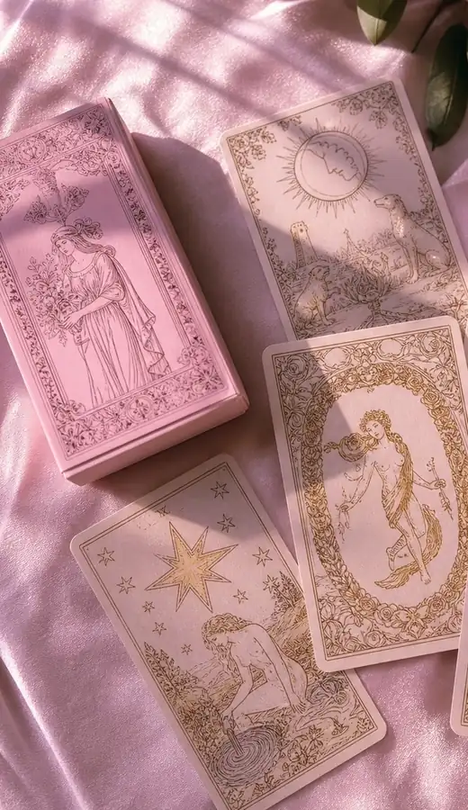 Cartas de tarot sobre satén rosa